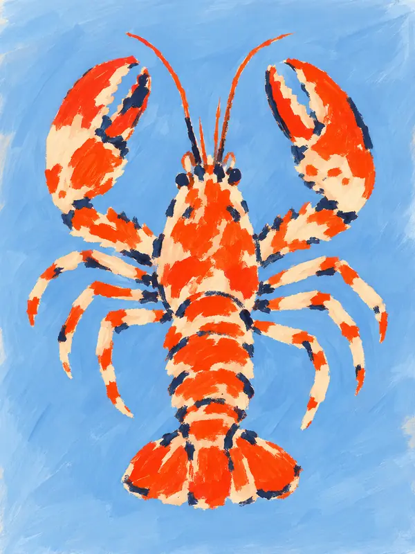 Painted red and cream lobster with large claws against a soft blue background.