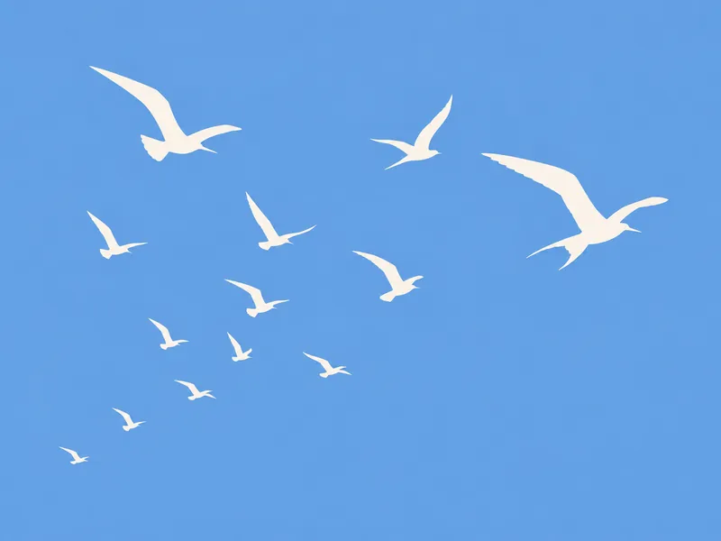 Flock of white seagulls in varied sizes flying across a flat, bright blue sky.