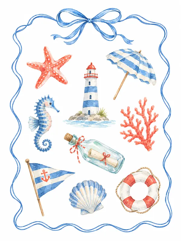 Blue ribbon border framing a lighthouse, starfish, seahorse, shells, umbrella and a message in a bottle.