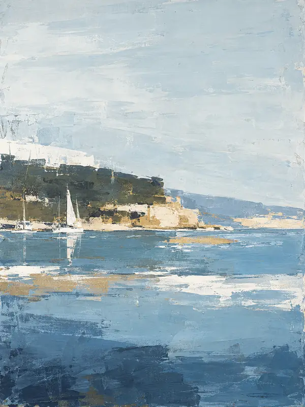 Painted harbour with white boats, a green-topped hillside and reflective blue water.