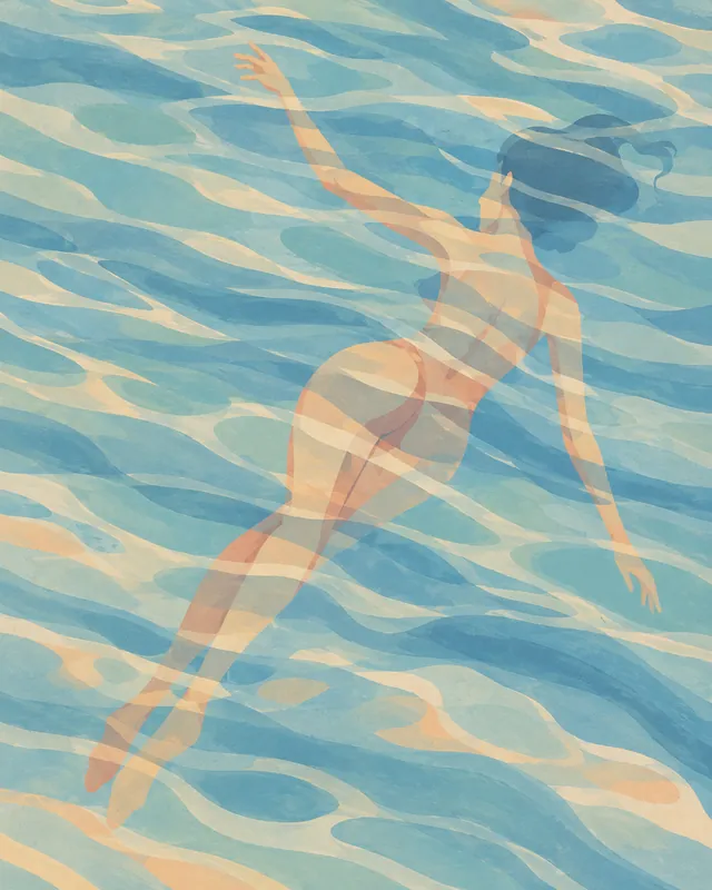 Translucent swimmer drifting beneath rippling blue and turquoise water with soft peach highlights.