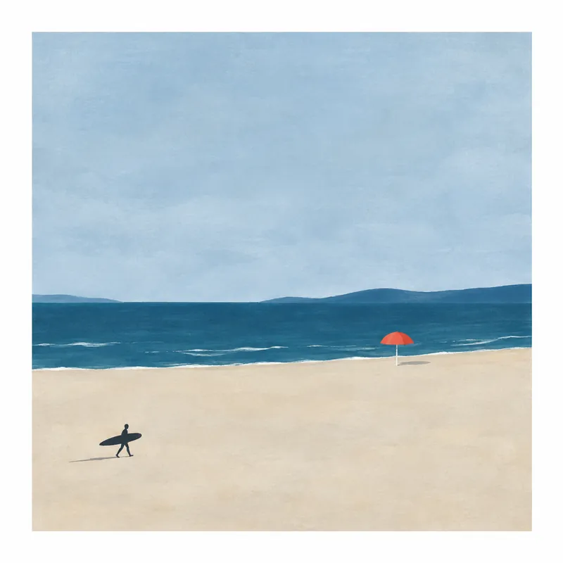 Minimal beach scene with a tiny surfer's shadow, a single red parasol and a pale blue sky.