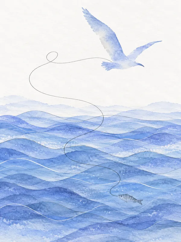 White gull in flight above blue wave bands, with a thin dark line tracing its path over the water.