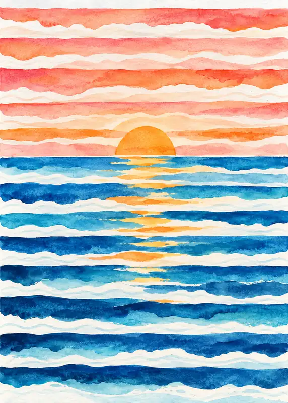 Watercolour-style horizontal bands of coral sky, golden sun and deep blue waves.