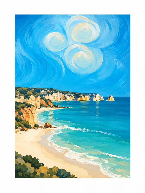 Painted coastline of a sandy cove and cliffs, with turquoise surf beneath a swirling blue sky.