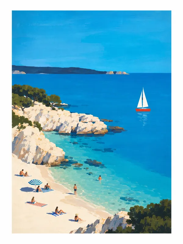Painted rocky cove with small figures and umbrellas on a sandy beach beside turquoise water and a sailboat.
