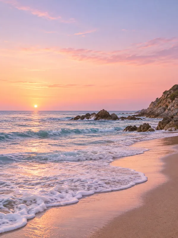 Pastel sunset over a rocky coast, with foamy waves washing across a warm sandy beach.