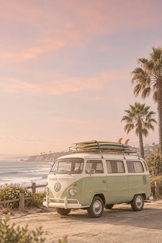 Pale green vintage camper van with boards on the roof parked on a sandy track beside palms at pink dusk.