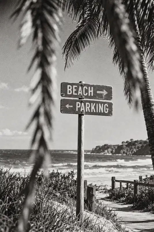 Black-and-white photo of a beach and parking signpost framed by palm fronds and a wooden boardwalk.