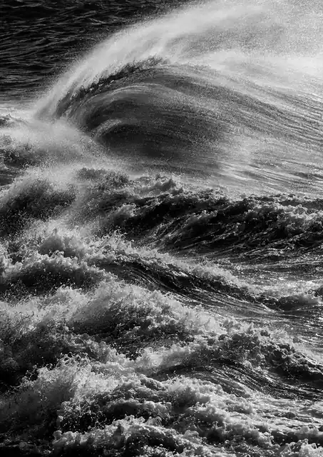 Black-and-white photo of a wave curling in a cloud of spray with fine detail in the water.