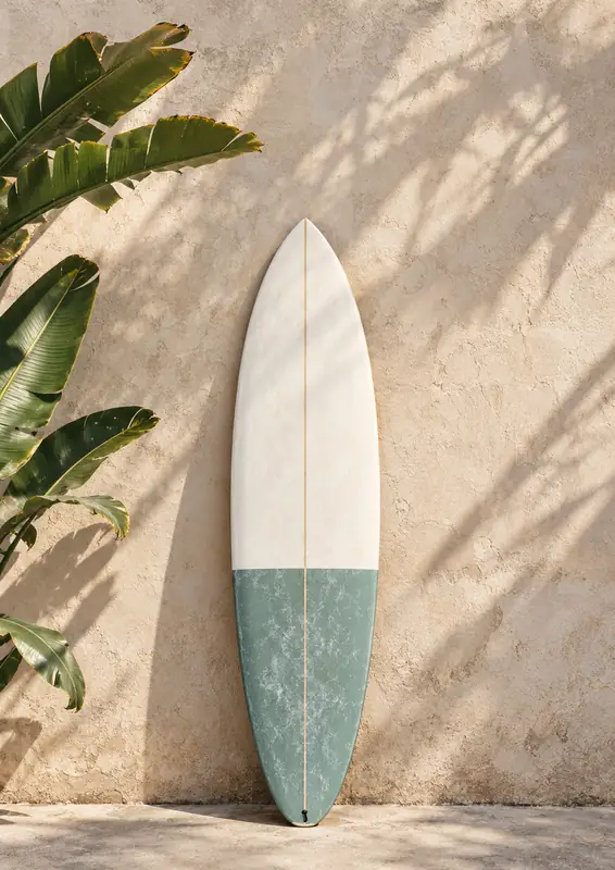 White surfboard with a mint-green base standing against sunlit plaster, framed by banana leaves and shadows.