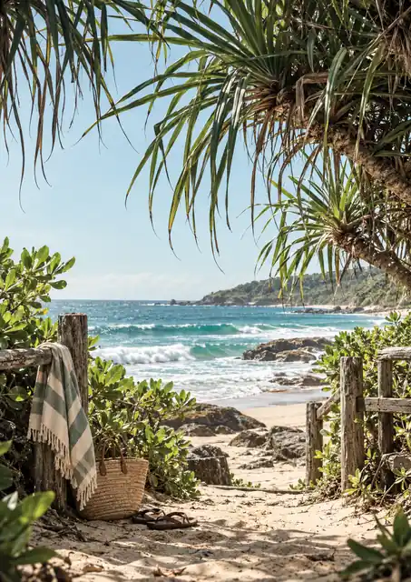 Sandy beach path under palm trees with a folded blanket, a basket and sea views beyond a wooden fence.
