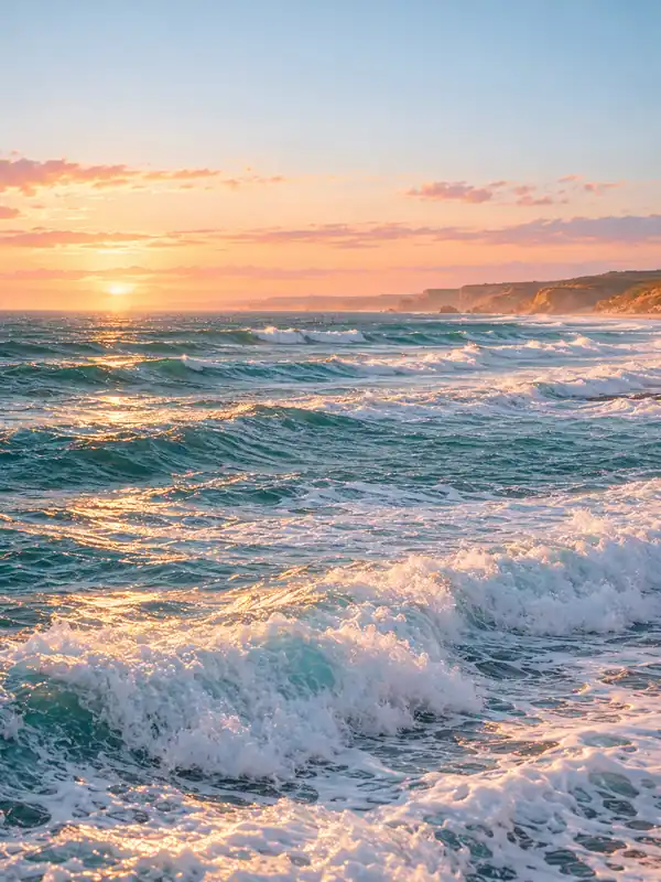 Sunset waves rolling toward a sandy shore, with a cliff line and pink-tinted clouds in the distance.