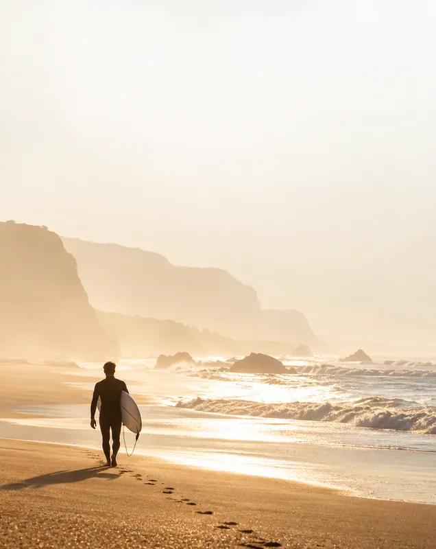 Silhouetted surfer walking along a misty shoreline at golden hour, with cliffs fading into fog.