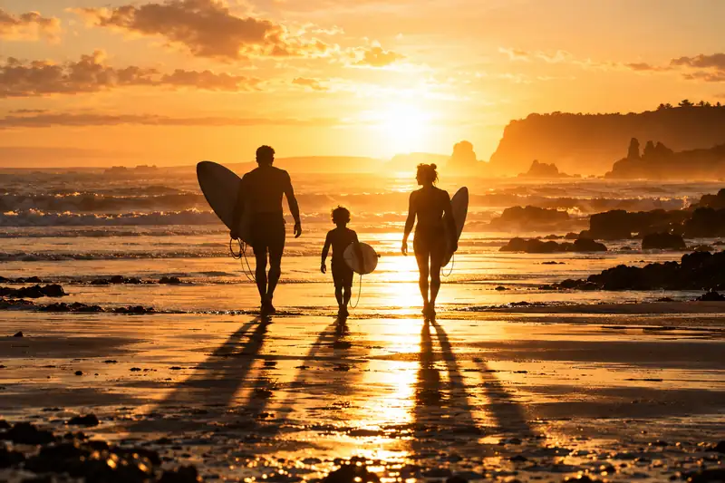Three silhouetted figures carry surfboards along a sunset beach, long shadows stretching across wet sand.