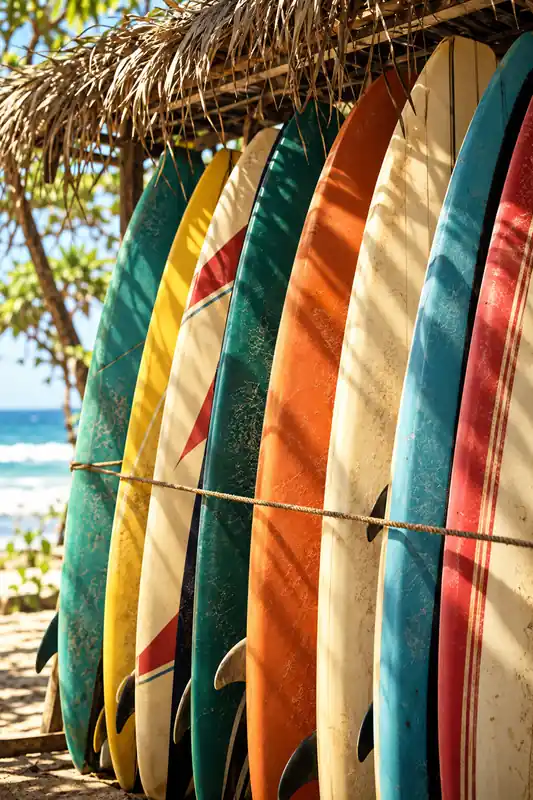 Colourful surfboards lined up beneath a thatched roof, with palms and a blue sea visible behind.