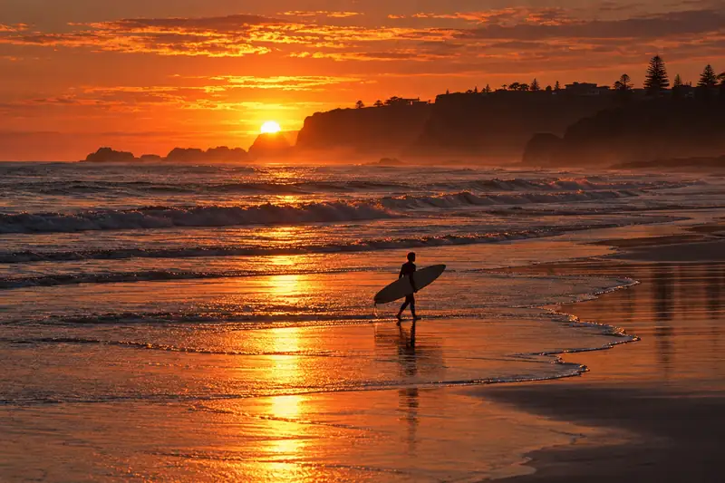 Surfer walking along a golden sunset beach with a board, the sea glowing behind a line of foam.