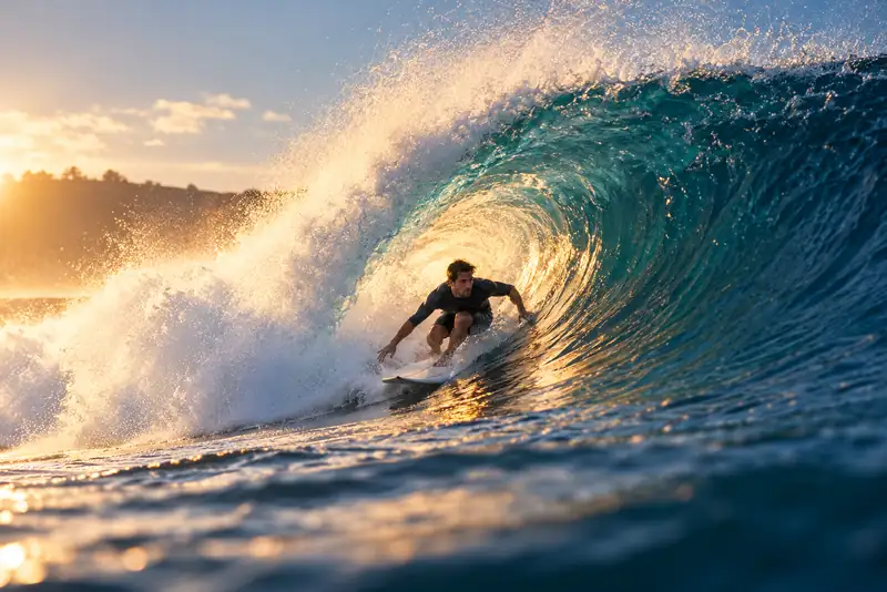 Surfer in a glowing barrel wave with golden sunlight lighting the spray and water.