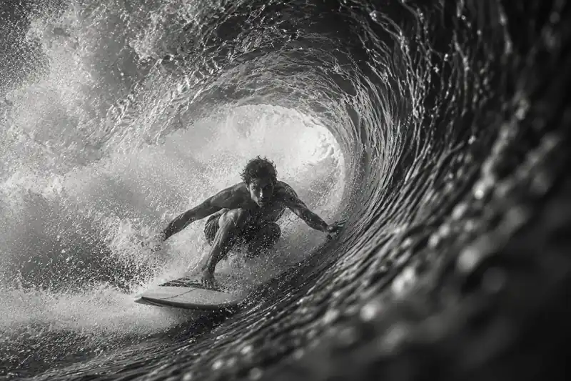 Black-and-white photo of a surfer inside a crashing barrel, with a swirl of spray and textured water.